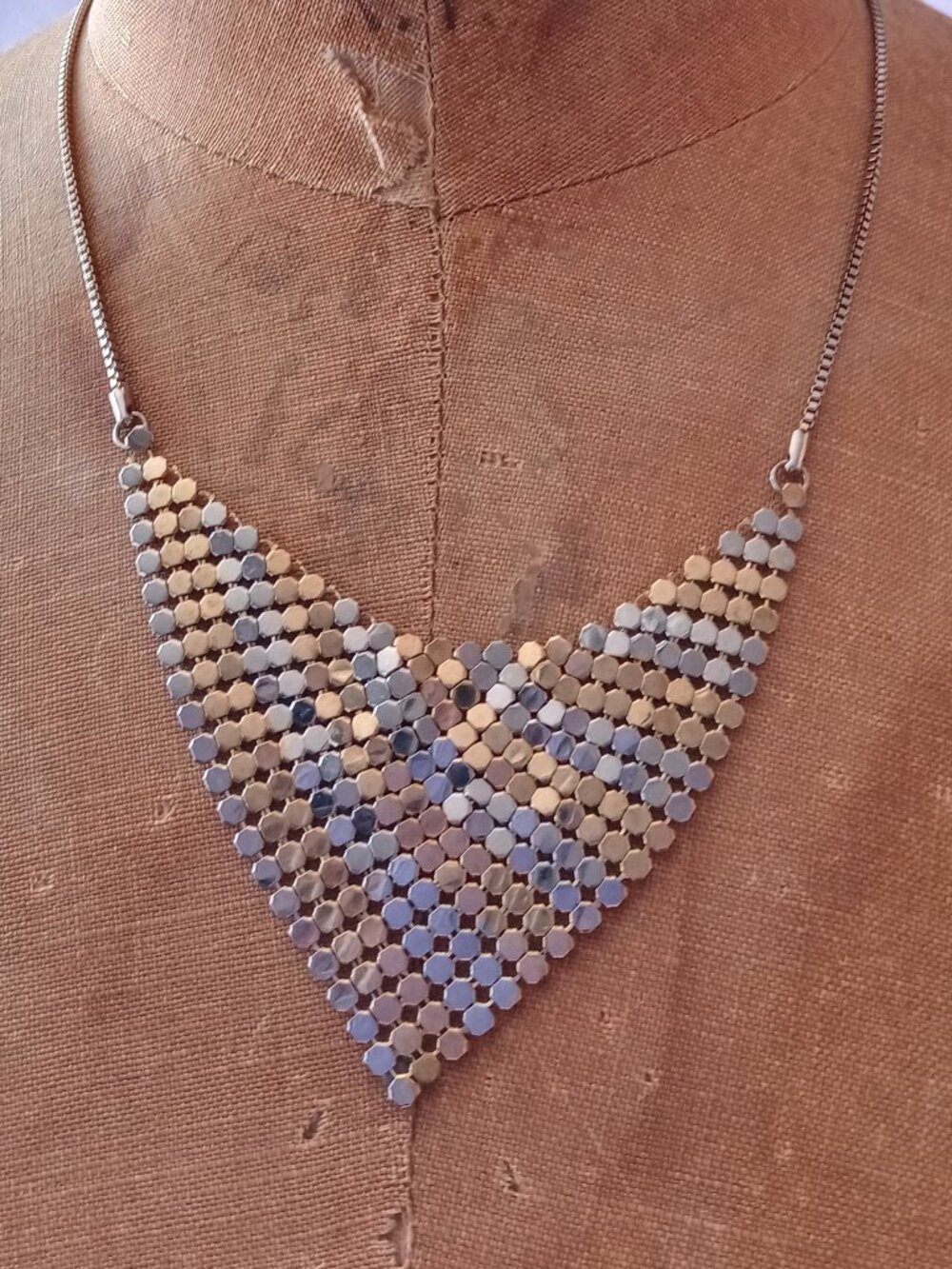 metal mesh triangle bib necklace gold and silver tone
